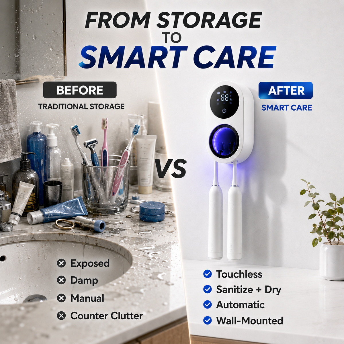 BILLHOL®💦 WaveSense Touchless Advanced Dual-Toothbrush UV Sanitizing & Drying Station with Automatic Sensor Lid