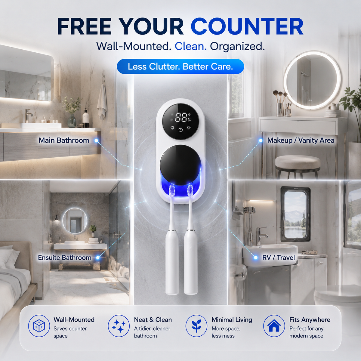 BILLHOL®💦 WaveSense Touchless Advanced Dual-Toothbrush UV Sanitizing & Drying Station with Automatic Sensor Lid