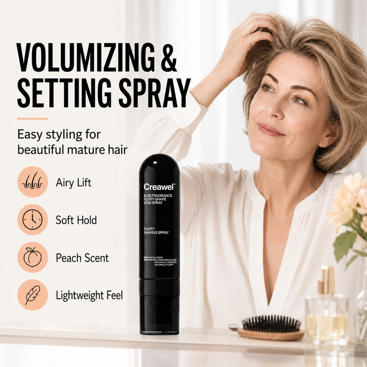 ✅🔥LIMITED-TIME 50% OFF! ⏰ Creawel® Peach-Scented Volumizing & Setting Spray – Lightweight, Bouncy Hair & Long-Lasting Hold ✨