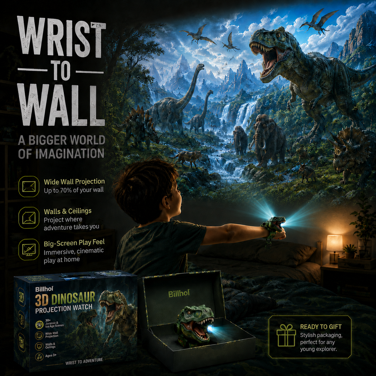 𝐁i𝐥𝐥𝐡𝐨𝐥® 3D Dinosaur Projection Watch 🚩Turns Walls & Ceilings into a Prehistoric Adventure for Kids Ages 3+