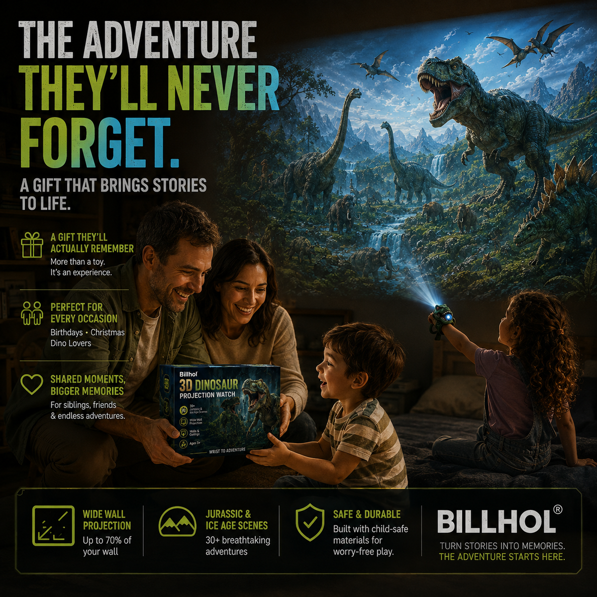 𝐁i𝐥𝐥𝐡𝐨𝐥® 3D Dinosaur Projection Watch 🚩Turns Walls & Ceilings into a Prehistoric Adventure for Kids Ages 3+