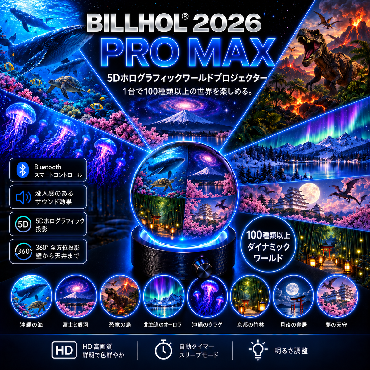 BILLHOL® ⏰2026 PRO MAX 5Dスマート・ワールド・プロジェクター 🌎 Bluetooth操作と効果音で、100種類以上の没入型世界を創り出そう