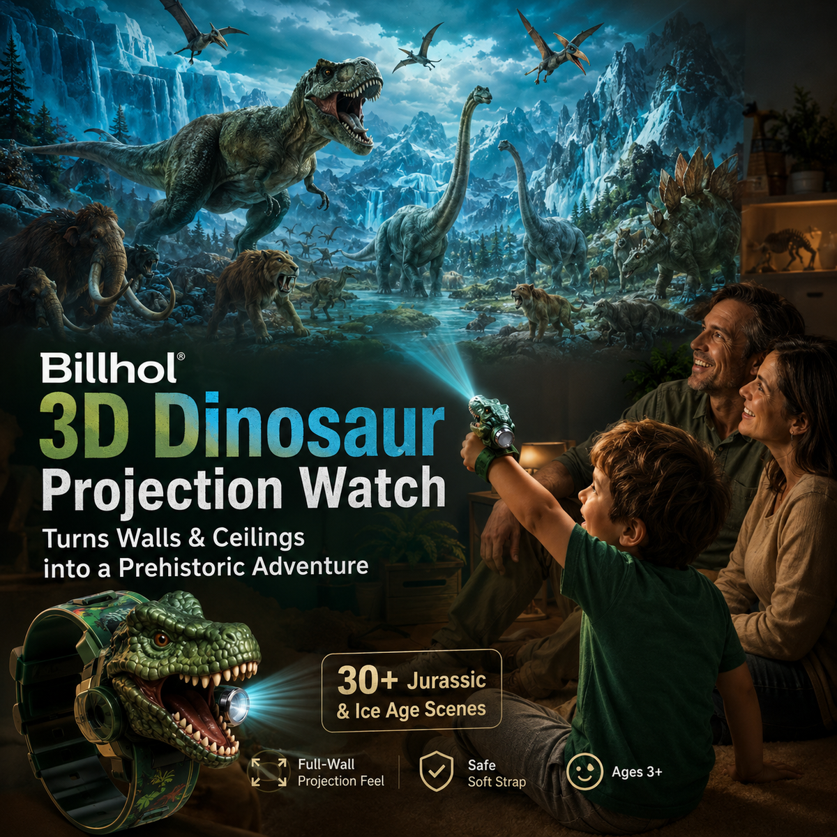 𝐁i𝐥𝐥𝐡𝐨𝐥® 3D Dinosaur Projection Watch 🚩Turns Walls & Ceilings into a Prehistoric Adventure for Kids Ages 3+