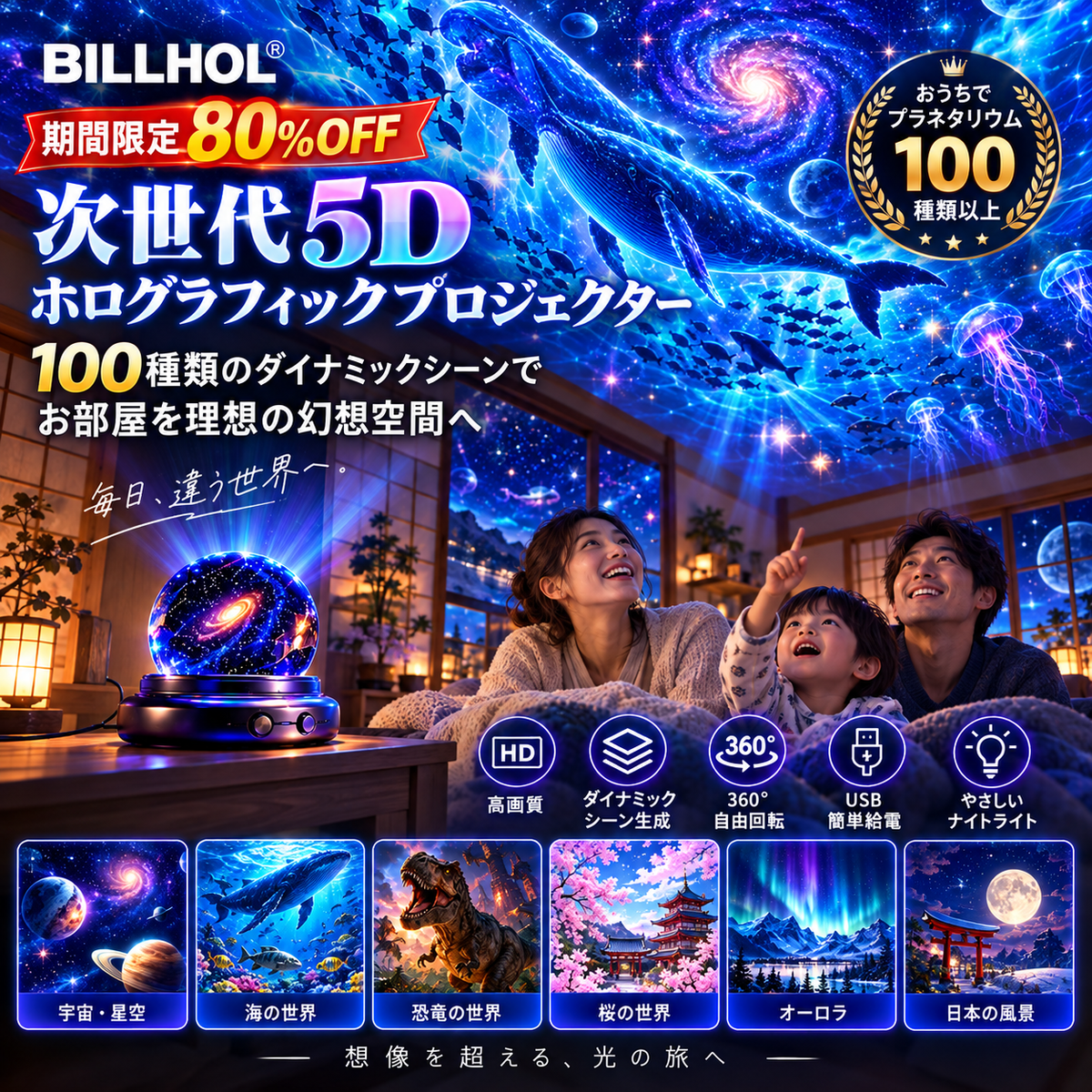【期間限定80%OFF】BILLHOL®🔮次世代5Dホログラフィックプロジェクター｜100種類のダイナミックシーンでお部屋を理想の幻想空間へ
