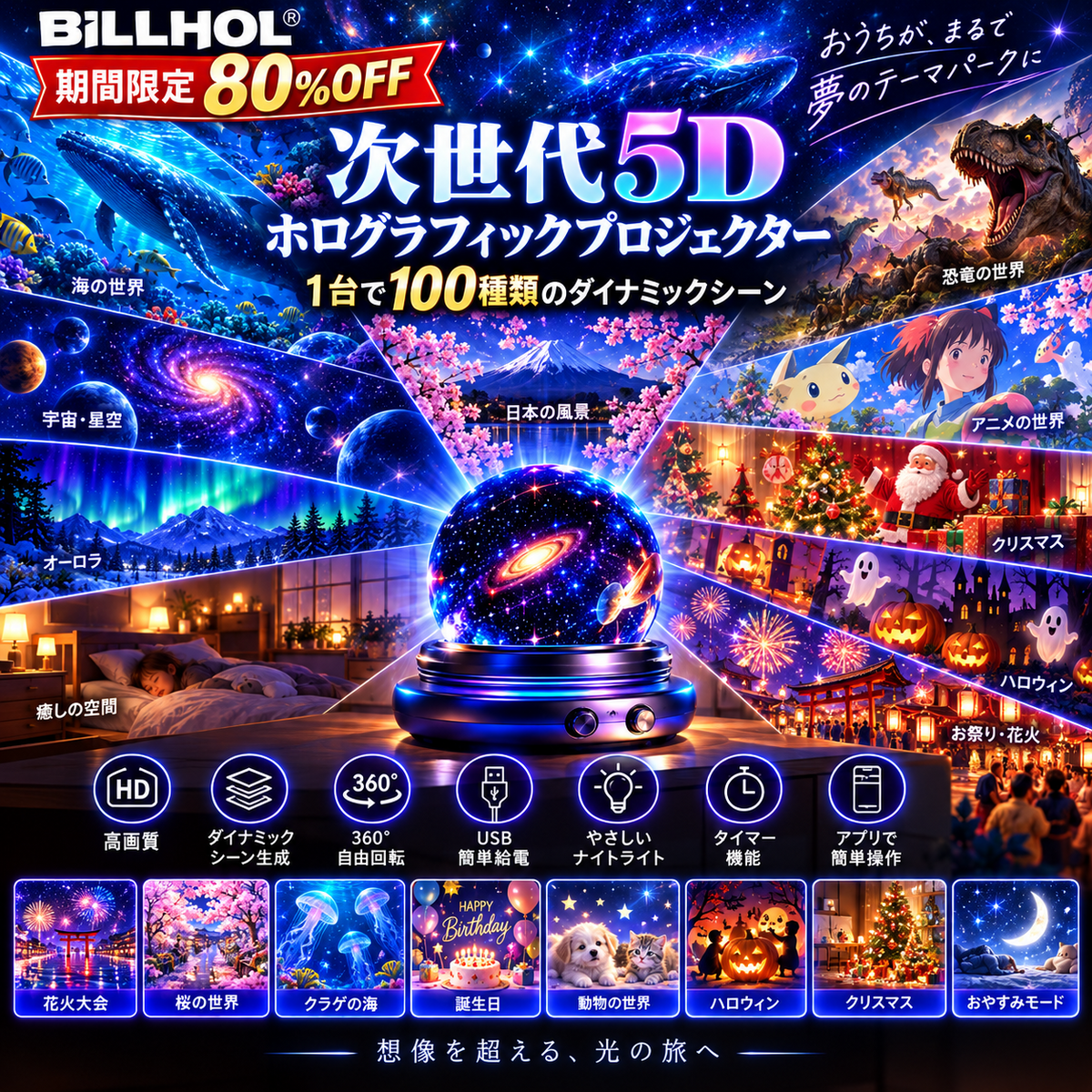 【期間限定80%OFF】BILLHOL®🔮次世代5Dホログラフィックプロジェクター｜100種類のダイナミックシーンでお部屋を理想の幻想空間へ