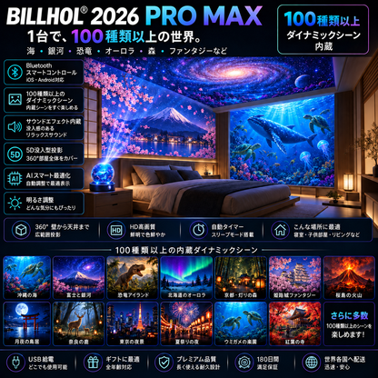BILLHOL® ⏰2026 PRO MAX 5Dスマート・ワールド・プロジェクター 🌎 Bluetooth操作と効果音で、100種類以上の没入型世界を創り出そう