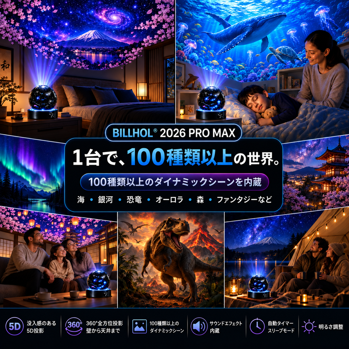 BILLHOL® ⏰2026 PRO MAX 5Dスマート・ワールド・プロジェクター 🌎 Bluetooth操作と効果音で、100種類以上の没入型世界を創り出そう