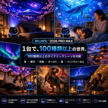 BILLHOL® ⏰2026 PRO MAX 5Dスマート・ワールド・プロジェクター 🌎 Bluetooth操作と効果音で、100種類以上の没入型世界を創り出そう