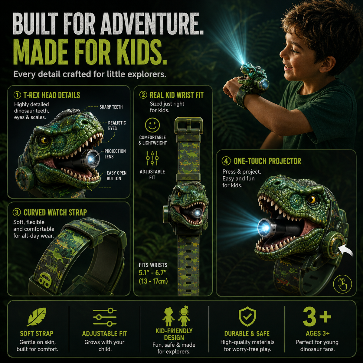 𝐁i𝐥𝐥𝐡𝐨𝐥® 3D Dinosaur Projection Watch 🚩Turns Walls & Ceilings into a Prehistoric Adventure for Kids Ages 3+