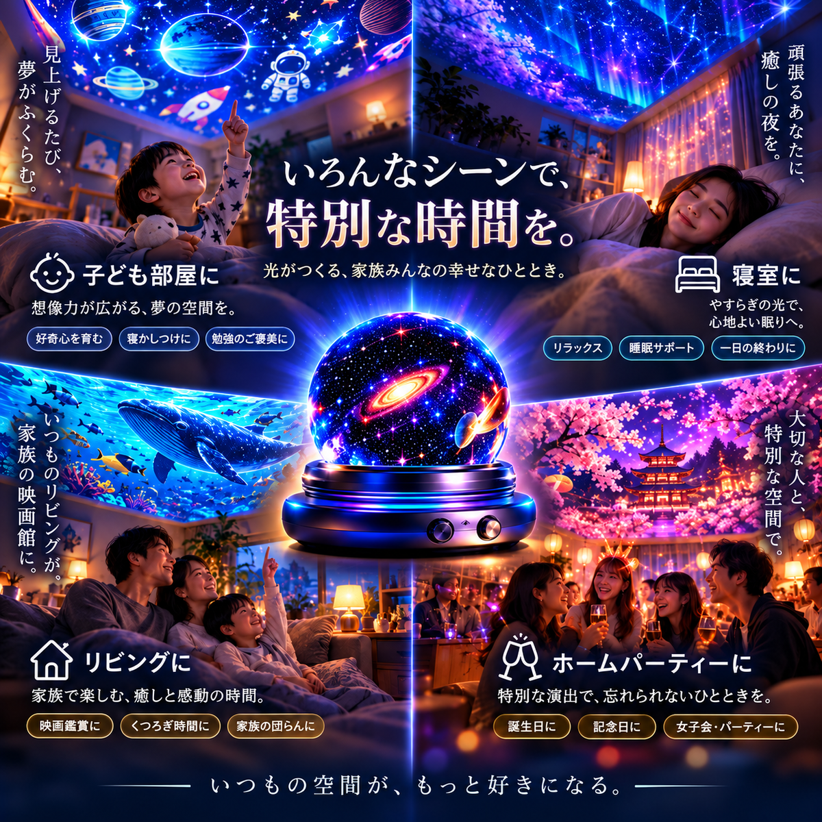 【期間限定80%OFF】BILLHOL®🔮次世代5Dホログラフィックプロジェクター｜100種類のダイナミックシーンでお部屋を理想の幻想空間へ