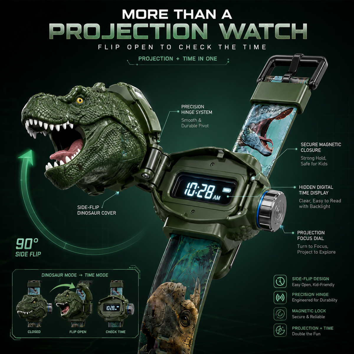 𝐁i𝐥𝐥𝐡𝐨𝐥®🦖 3D Dinosaur Projection Watch🏍Realistic T-Rex Design, Safe Soft Strap for Kids Ages 3+
