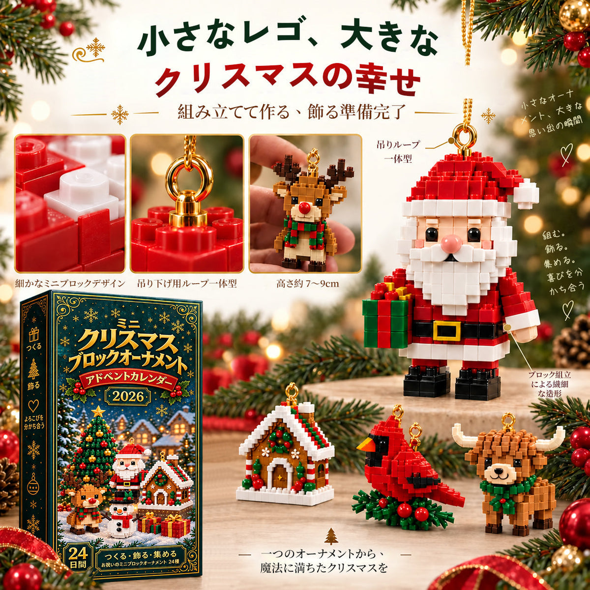 ⏳ 49％OFFは本日まで！𝗕𝗶𝗹𝗹𝗵𝗼𝗹® 🎅24日間クリスマスアドベントカレンダー｜24種類のミニオーナメント組み立てセット🧱 吊り下げループ付き・クリスマスツリーやリース、お部屋の飾り付けに最適！