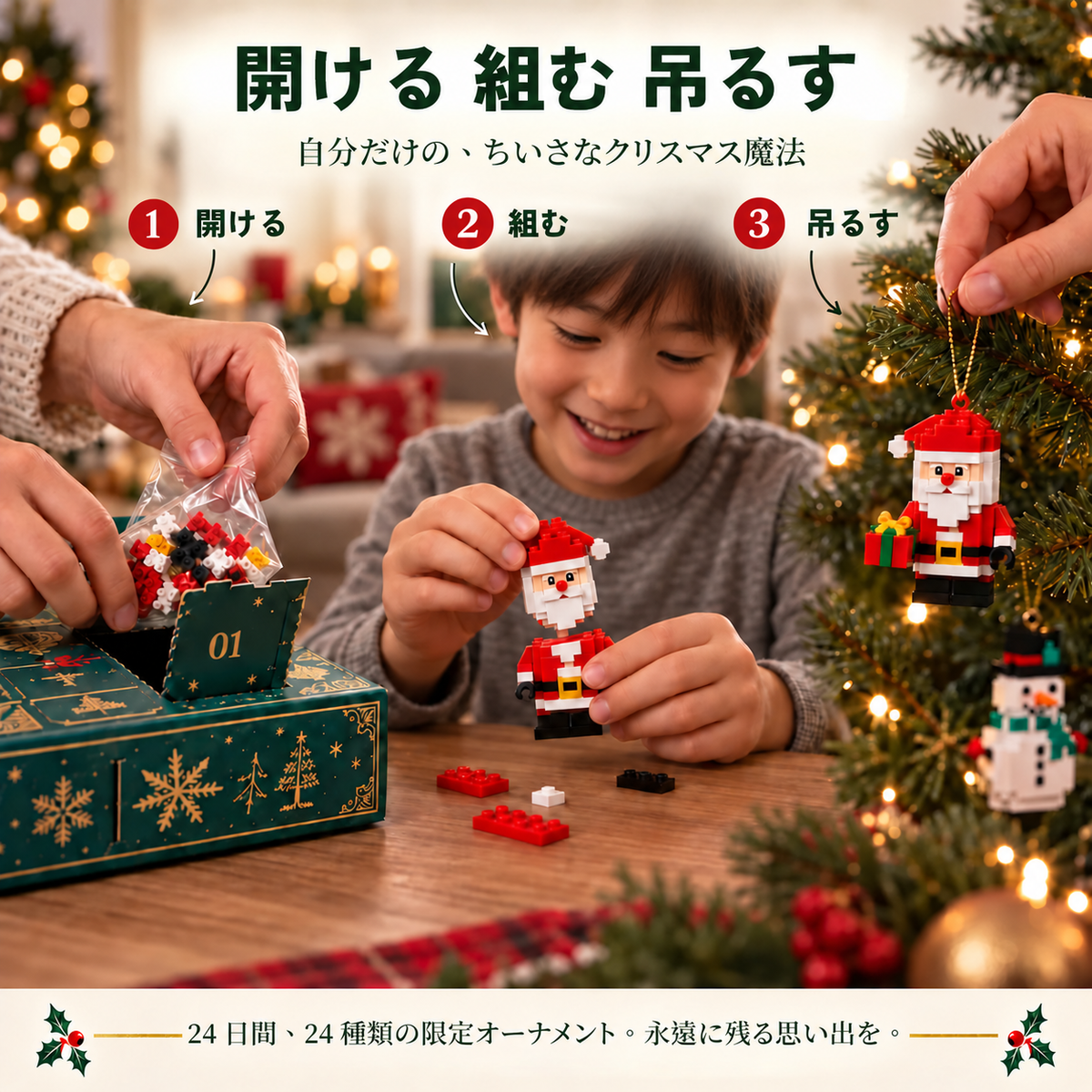 ⏳ 49％OFFは本日まで！𝗕𝗶𝗹𝗹𝗵𝗼𝗹® 🎅24日間クリスマスアドベントカレンダー｜24種類のミニオーナメント組み立てセット🧱 吊り下げループ付き・クリスマスツリーやリース、お部屋の飾り付けに最適！
